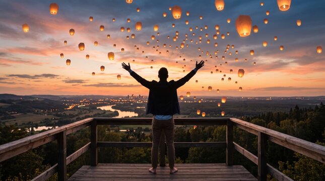 Silhouette of person standing on wooden deck with arms raised watching hundreds of glowing sky lanterns floating into twilight sky at sunset, magical atmosphere, travel destination