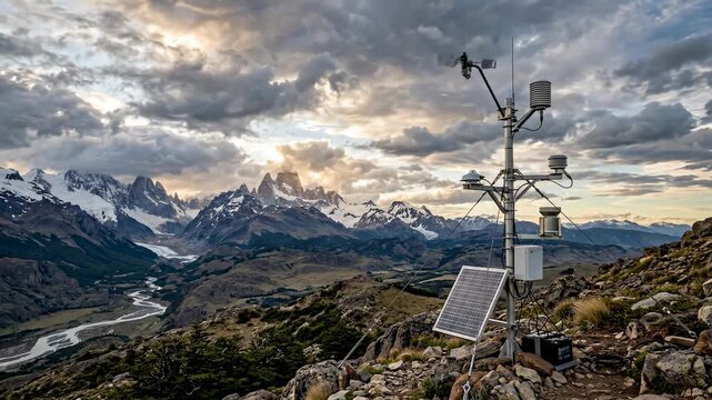 A weather station stands on a rocky hilltop with a view of the mountains and clouds. It collects data in the Patagonia region of Chile during the day