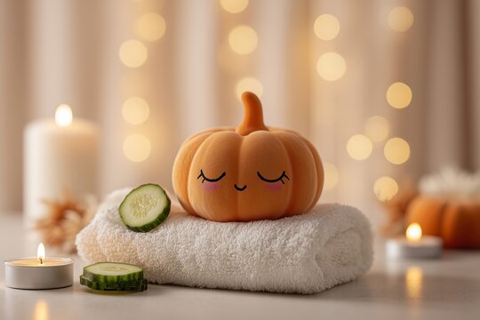 Cute Autumn Pumpkin Relaxing on White Towel with Cucumber Slices in Spa