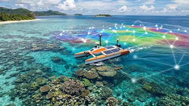 A boat uses advanced equipment to study coral reefs. The clear blue waters reveal colorful corals and sea life. The location is near tropical islands in a sunny area