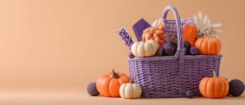 Purple Wicker Gift Basket Filled with Mini Pumpkins Treats and Sweets