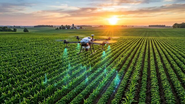 A drone moves above a cornfield in a rural setting during sunset. The sun is low on the horizon, casting light on the green crops. The scene shows agricultural technology in action