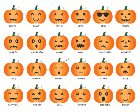 Halloween pumpkin feelings and emotions chart vector set. Cute Jack-o'-lantern pumpkins with labeled facial expressions isolated on white background
