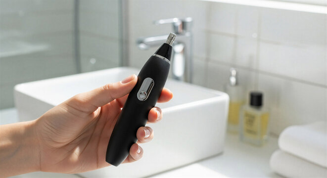 Hand holding a black electric nose hair trimmer in a modern bathroom setting