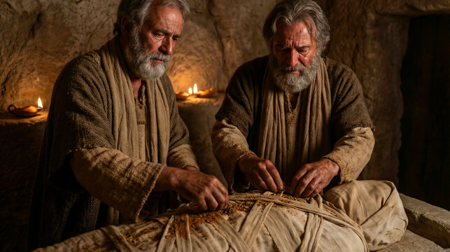 medium shot of the body of Jesus wrapped in the linen shroud, lying on the stone of unction or being placed in the tomb, Joseph of Arimathea and Nicodemus tending