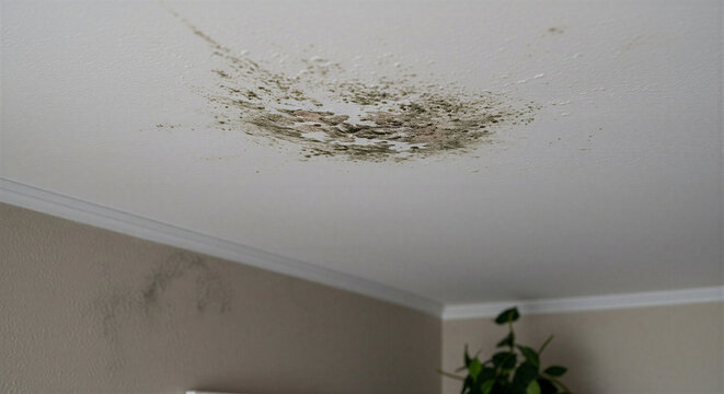 Ceiling damage with mold growth in a residential room
