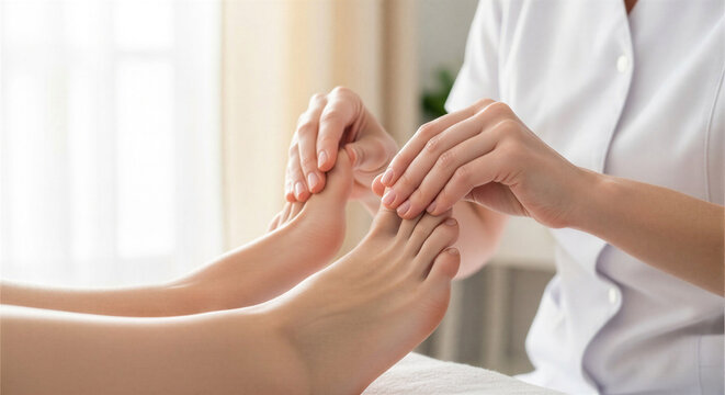 Female therapist giving a relaxing foot massage to a woman in a bright spa environment
