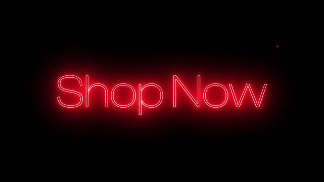 Neon shop now text animation with dynamic glowing effect on black background.