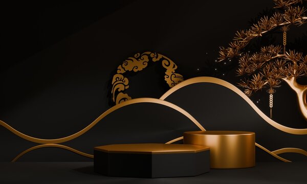 Dark black concept style ,Podium display minimal geometric abstract and decoration chinese style.3D rendering