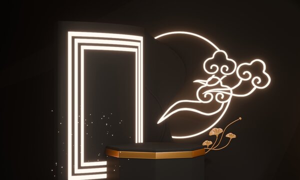Dark black concept style ,Podium display minimal geometric abstract and decoration chinese style.3D rendering