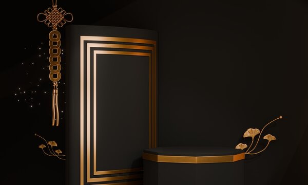 Dark black concept style ,Podium display minimal geometric abstract and decoration chinese style.3D rendering