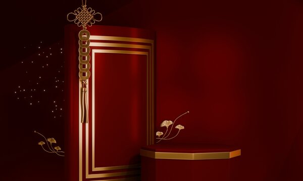 Chinese red display stand ,stage podium  chinese for present products.3D rendering