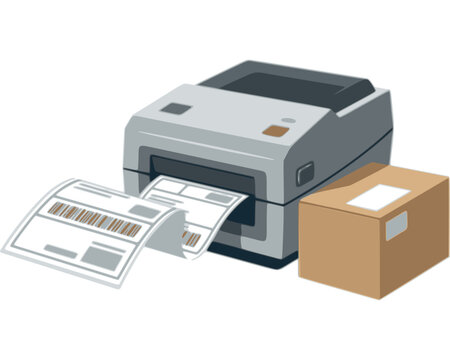 Vector illustration of a thermal label printer and shipping box