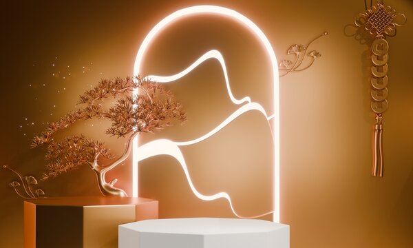 Golden Podium display minimal geometric abstract and decoration chinese style.3D rendering