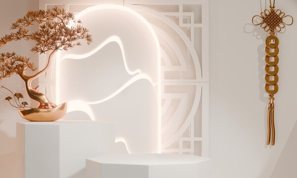 chinese display stand white for cosmetic product on background and decoration chinese style. 3d rendering