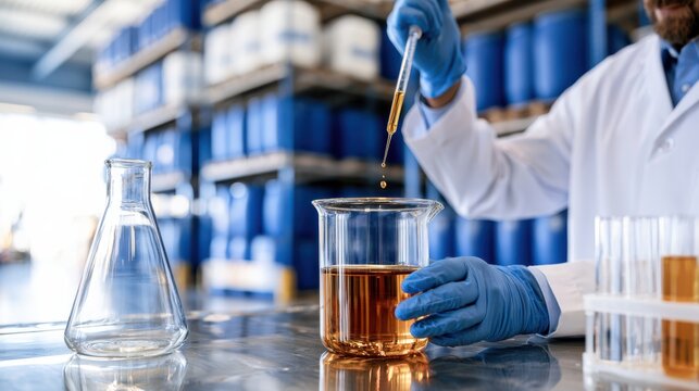 A scientist in a lab coat and gloves uses a dropper to add liquid to a beaker filled with amber fluid in a laboratory setting.