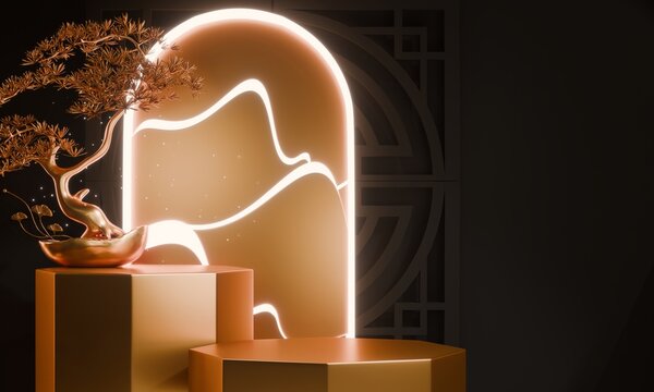 Dark black concept style ,Podium display minimal geometric abstract and decoration chinese style.3D rendering