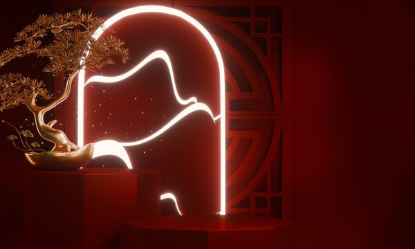 Chinese red display stand ,stage podium  chinese for present products.3D rendering