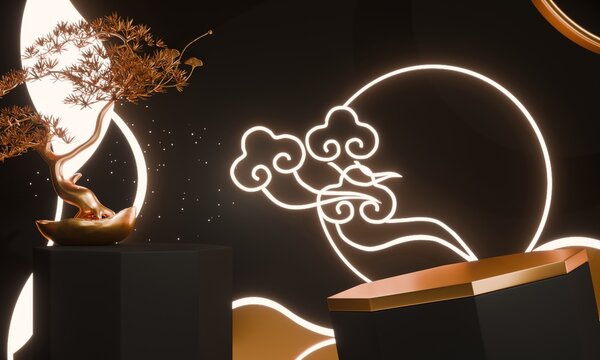 Dark black concept style ,Podium display minimal geometric abstract and decoration chinese style.3D rendering