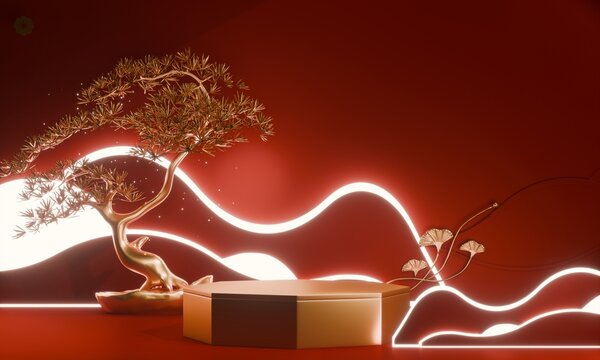 Chinese red display stand ,stage podium  chinese for present products.3D rendering