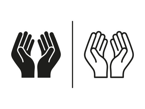 Outline and black fill icon set depicting open hands gesture with receiving offering religion