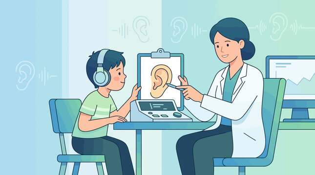 Child audiology test with doctor and hearing equipment, isolated