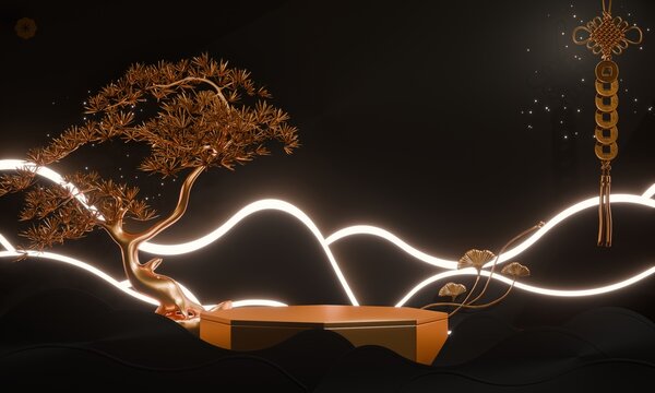 Dark black concept style ,Podium display minimal geometric abstract and decoration chinese style.3D rendering