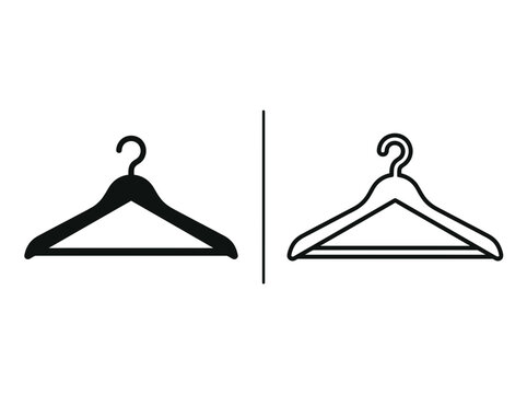 Clothes hanger garment wardrobe hook outline and black fill icon set with wardrobe