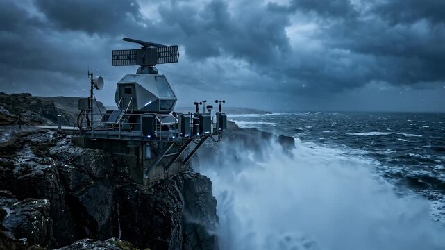 Waves hit a coastal monitoring station during a storm in the evening. Dark clouds fill the sky as water splashes against the rocky shore