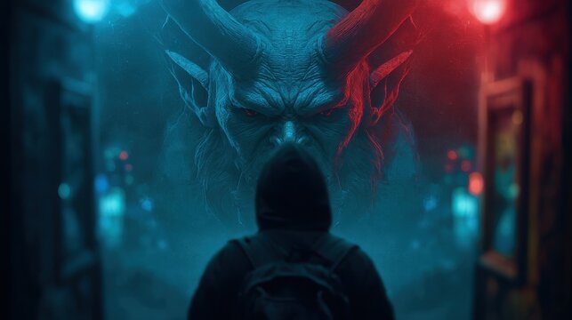 Shadow demon emerges from mirror in urban occult scene with mysterious figure