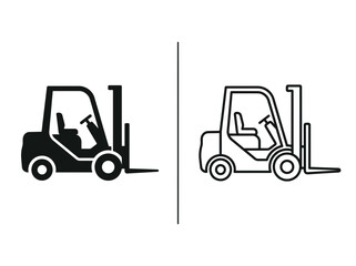 Naklejka premium Outline and black fill icon set showing a warehouse forklift truck for logistics with forklift