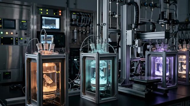 In a lab environment, machines operate with glass containers that have different colored lights. The equipment is used for scientific research and experiments