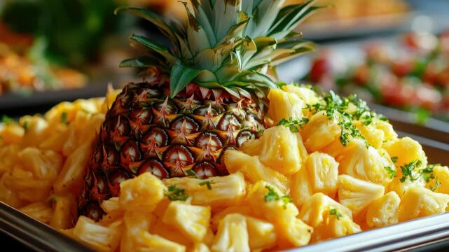 Close-up of chopped pineapple chunks and a whole pineapple on a catering tray