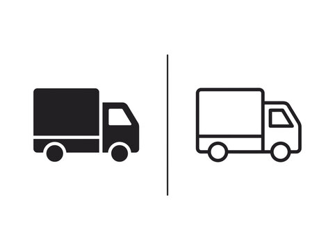 Delivery truck vehicle outline and black fill icon set with delivery transport shipping logistic