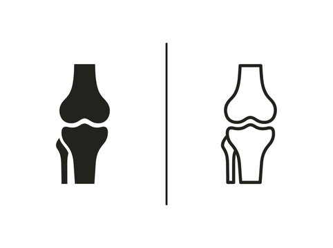 Human knee joint anatomy bone outline and black fill icon set with orthopedic skeleton isolated