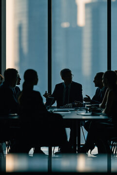 business team silhouettes meeting in conference room, executives seated around table, vertical composition, photorealistic