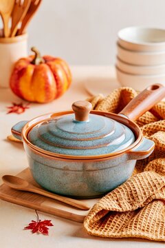 Enameled cast iron casserole with lid, wooden handle and cozy autumn kitchen styling