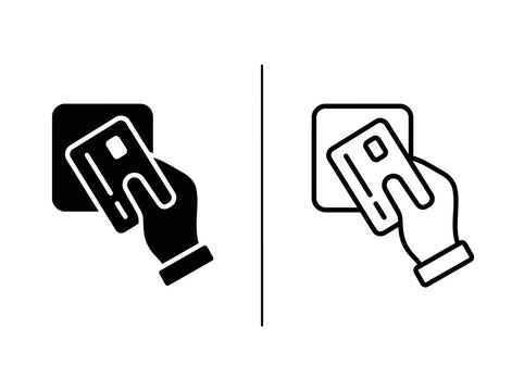 Hand swiping credit card at payment terminal outline and black fill icon set with terminal