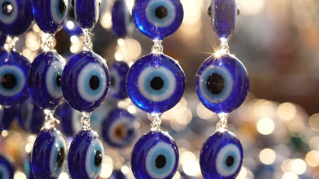 Traditional Turkish Evil Eye Amulets Hanging in Sunlight for Protection