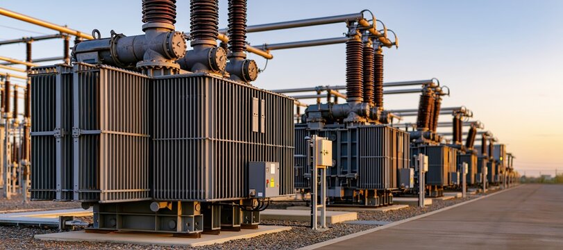 High voltage transformers with cooling fins at electrical substation yard