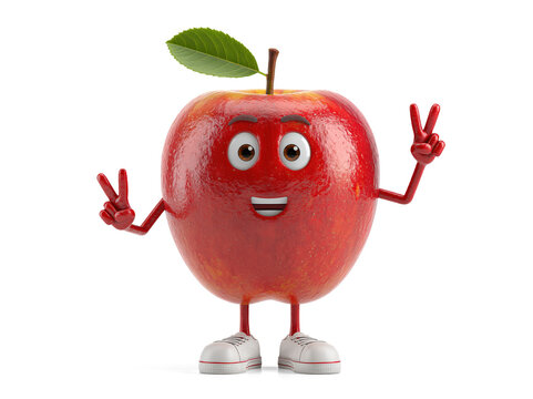 Cartoon apple character making peace signs isolated on white background