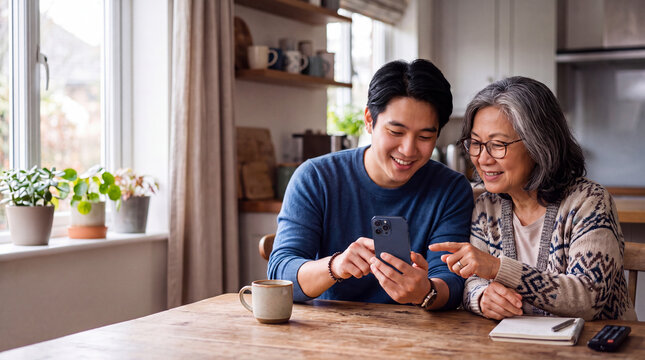Asian Mother and Adult Son Sharing Smartphone Technology at Home