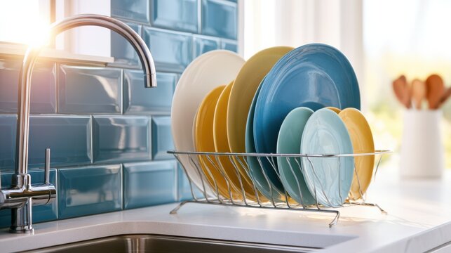 Clean, colorful plates drying on a rack beside a modern kitchen sink with blue tile backsplash and sunlight streaming in.