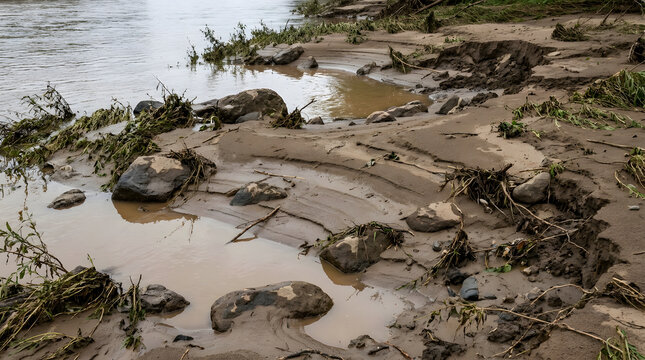 A wide view of a riverbank covered in thick sediment and debris after a flood.