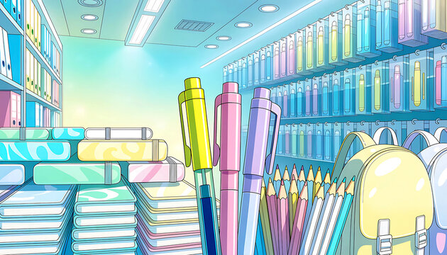 Bright and colorful stationery shop interior with shelves full of notebooks pens and backpacks background