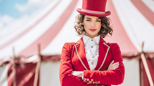 Elegant female circus ringmaster in red costume standing in front of classic circus tent. Entertainment industry concept with theatrical vintage performance aesthetic for posters.