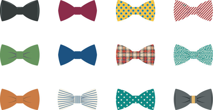 Colorful men bow ties fashion accessories flat vector illustration set isolated on white background gentleman formal wear necktie patterns cartoon icons