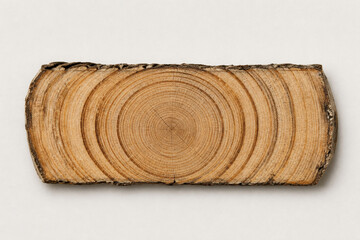 Fototapeta premium Cross section of wood log showing circular rings and bark texture. Close-up on a white background. Concept of nature, forestry, and woodworking. Studio lighting creates a natural look.