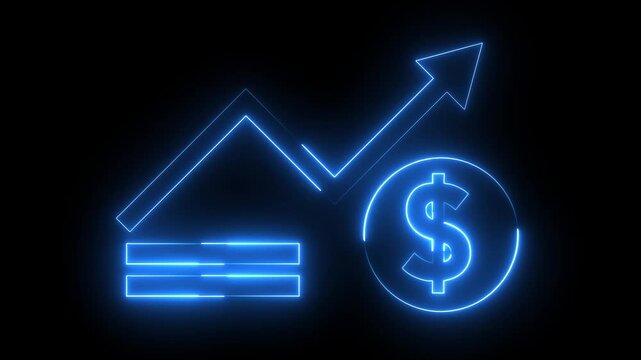 Glowing neon blue color business graph sign icon animation dollar money finance chart arrow report profit diagram investment success sign symbol on black background