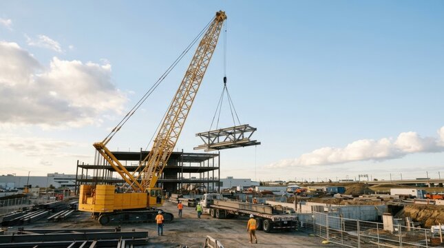 Massive yellow crane lifting steel structural component at busy construction site